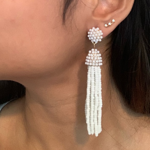 White Beaded Tassel Capped Drop Stud Earrings - Picture 5 of 5